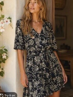 Faherty Orinda Tie Waist Button-Up Crepe Floral Minidress Size Small